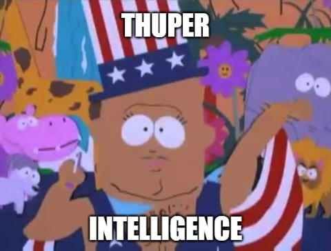 A cartoon patriot in a stars-and-stripes top hat and striped sleeves, surrounded by cheerful jungle animals, under the caption Thuper Intelligence.
